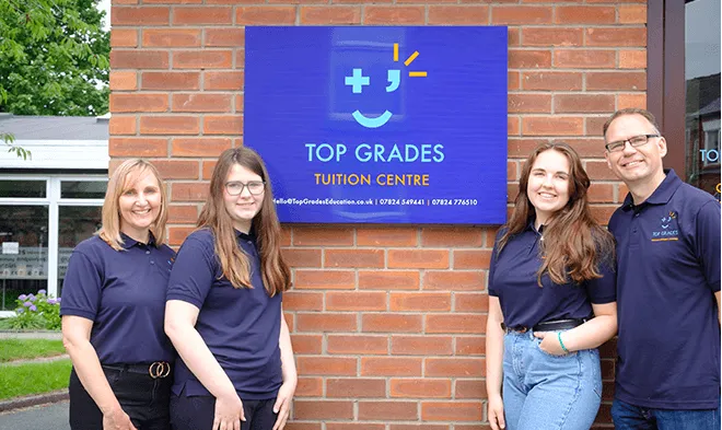 Emma, Richard and two of the tutors outside the Top Grades tuition centre in Standish